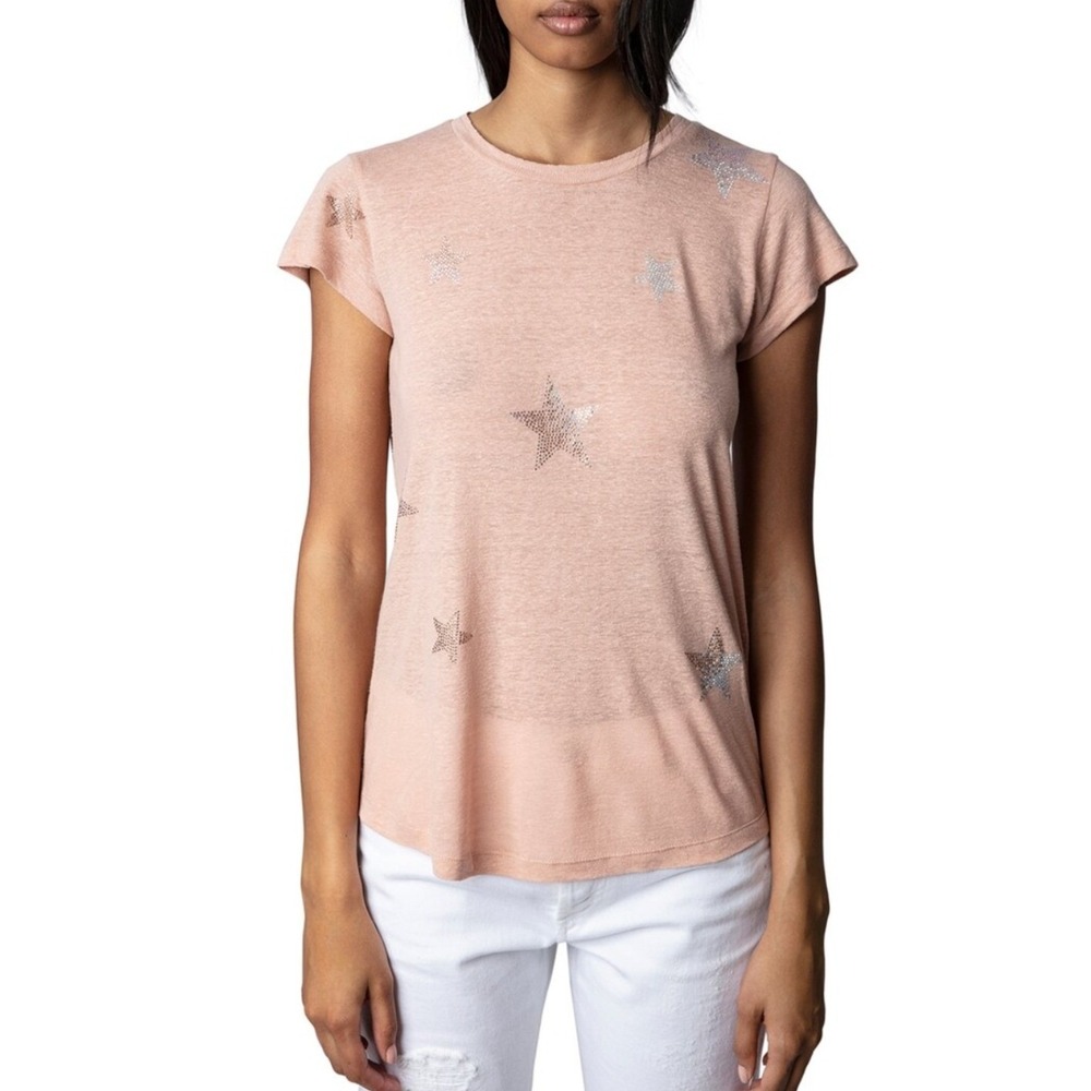 Zadig & Voltaire Womens M Skinny Stars Strass Tee Peach Rhinestone Linen Top